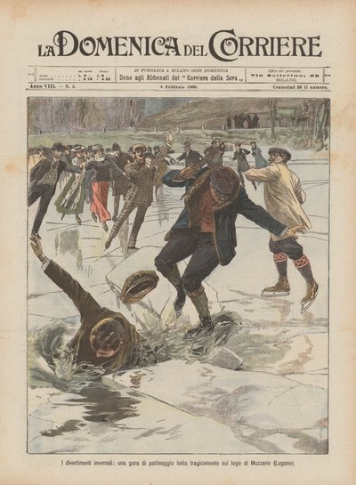 Winter Amusements, a Skating Race Ended Tragically on Lake Muzzano (Lugano) by Achille Beltrame