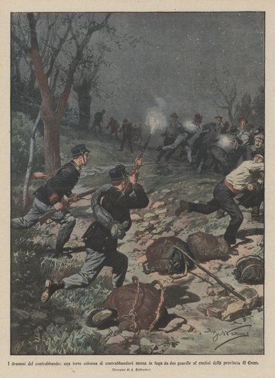 The dramas of smuggling, a strong column of smugglers put to flight by two guards by Achille Beltrame