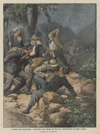 The Dramas of Smuggling, a Vice-Brigadier Facing Nine Smugglers Alone at the Swiss Border by Achille Beltrame