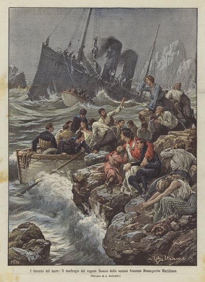 The Dramas of the Sea, the Wreck of the Steamship Tamise of the French Company Messageries Maritimes by Achille Beltrame