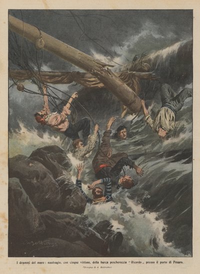 The dramas of the sea, shipwreck with five victims of the fishing boat Ricordo near the port of Pesaro by Achille Beltrame