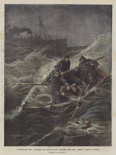 The Dramas of the Sea, Lifeboat with Five Sailors Swallowed by the Waves Near the Port of Venice by Achille Beltrame