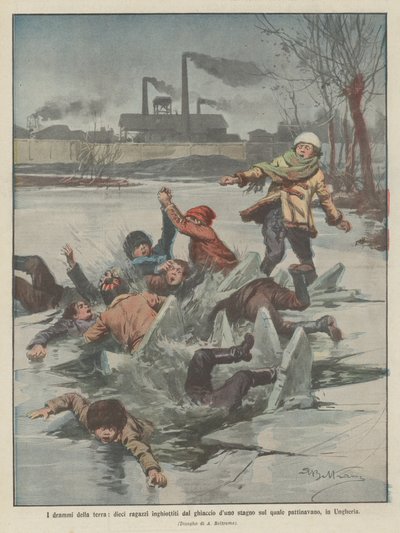 The Dramas of the Earth, Ten Boys Swallowed by the Ice of a Pond They Were Skating On in Hungary by Achille Beltrame