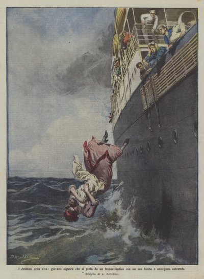 The Dramas of Life: A Young Lady Throws Herself from an Ocean Liner with Her Child, Both Drown by Achille Beltrame