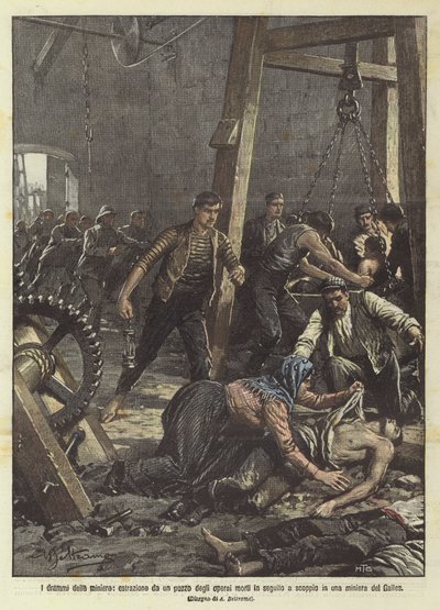 The dramas of the mines, extraction of dead workers from a well following an explosion in a Welsh mine by Achille Beltrame