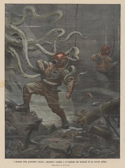 The Dramas of the Deep Sea, Diver Attacked and Entangled by the Tentacles of a Huge Octopus by Achille Beltrame