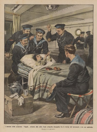 Sailors of the Battleship Napoli Around the Cradle of an Orphan Girl Unearthed from the Ruins by Achille Beltrame