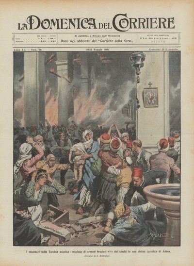 The massacres in Asian Turkey, thousands of Armenians burned alive by Turks in a Catholic church in Adana by Achille Beltrame