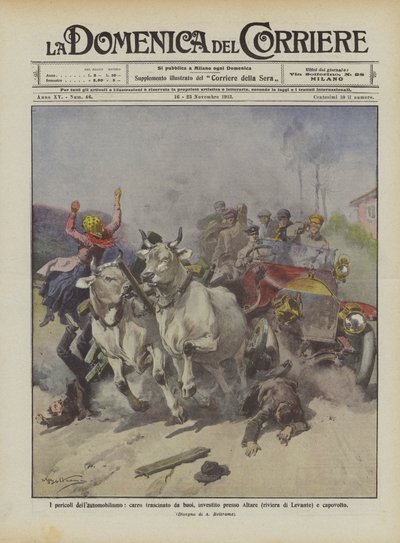The Dangers of Automobilism, Ox-Drawn Cart Overturned Near Altare (Riviera di Levante) by Achille Beltrame