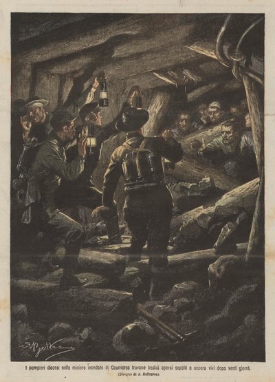 Firefighters Descend into the Flooded Mines of Courrieres and Find Thirteen Buried Workers by Achille Beltrame