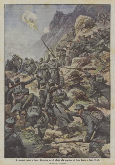 The Volunteer Cyclists in Action, the Encounter with the Alpini, the Conquest of Dosso Casina and Dosso Remit by Achille Beltrame