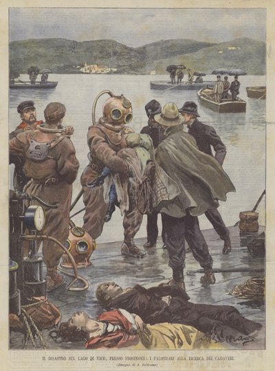 The Disaster on Lake Vico, Near Frosinone, Divers Searching for Bodies by Achille Beltrame