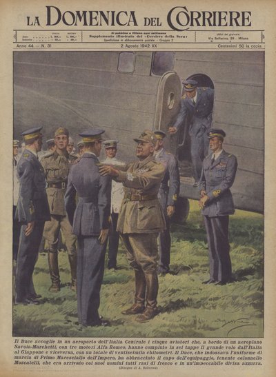 The Duce Welcomes at a Central Italian Airport the Five Aviators Who, On Board... by Achille Beltrame
