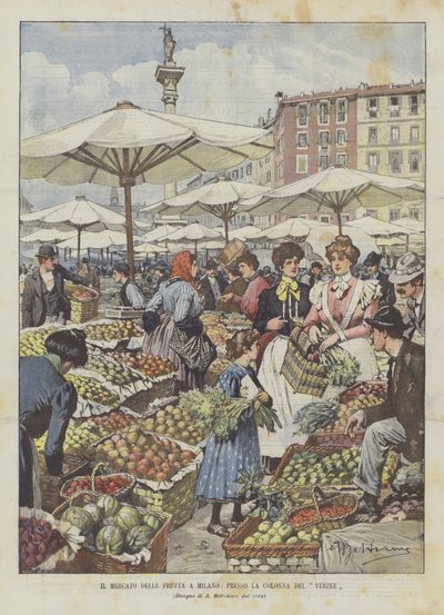 The Fruit Market in Milan, Near the Verzee Column by Achille Beltrame