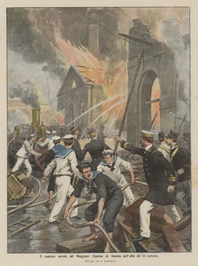 The Muggiano Shipyard (Spezia) on Fire at Dawn on the 13th by Achille Beltrame