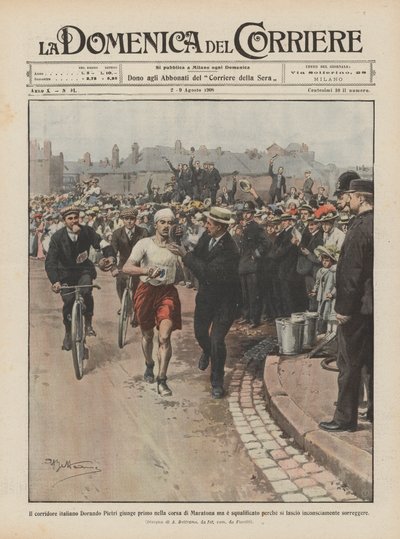 The Italian runner Dorando Pietri arrives first in the marathon but is disqualified by Achille Beltrame