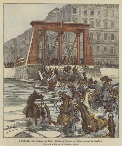 The collapse of the Egyptian bridge over the Fontanka River in St. Petersburg while the cavalry was passing by Achille Beltrame