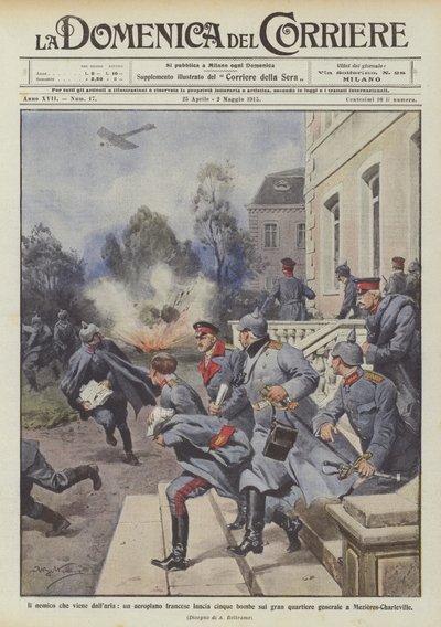 The enemy from the air, a French airplane drops five bombs on the headquarters by Achille Beltrame