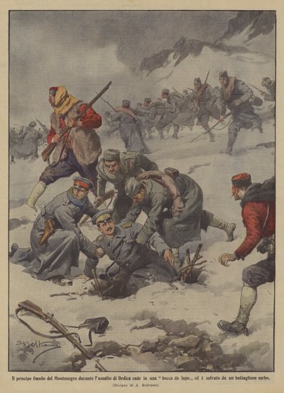 Prince Danilo of Montenegro falls into a wolf trap during the assault on Brdica by Achille Beltrame