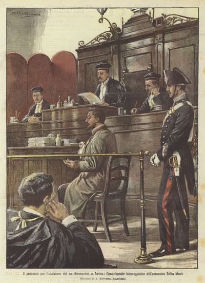 The trial for the murder of Count Bonmartini in Turin, the emotional interrogation of the assassin Tullio Murri by Achille Beltrame