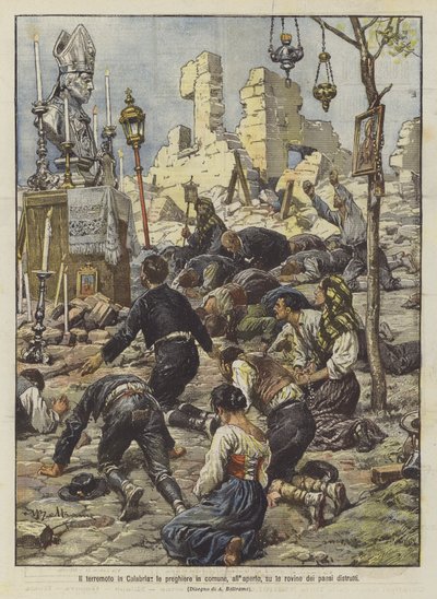 The Earthquake in Calabria, Communal Prayers in the Open on the Ruins of Destroyed Villages by Achille Beltrame