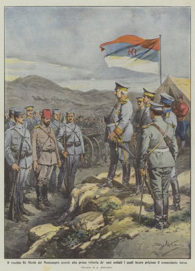The old King Nicholas of Montenegro witnesses the first victory of his soldiers who made by Achille Beltrame