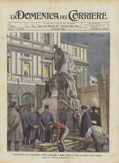 Inauguration of the Monument to Nicola Spedalieri, in Rome, Done at Night, in Secret, by the Police by Achille Beltrame