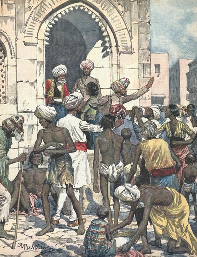 India. Drought causes epidemics. Food distribution. Illustrated by Antonio Beltrame. La domenica del Corriere. February 26th by Achille Beltrame