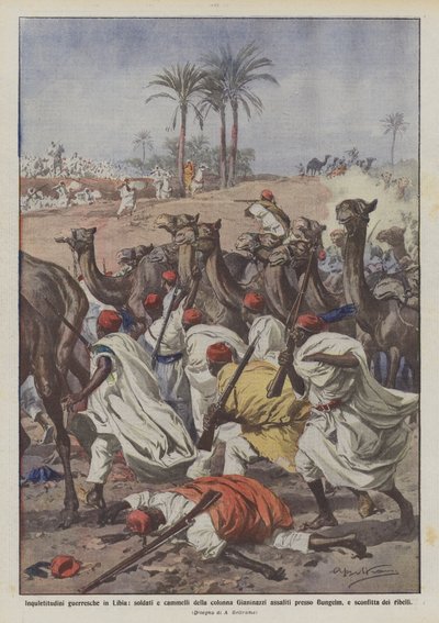 Warlike unrest in Libya, soldiers and camels of the Gianinazzi column attacked near by Achille Beltrame