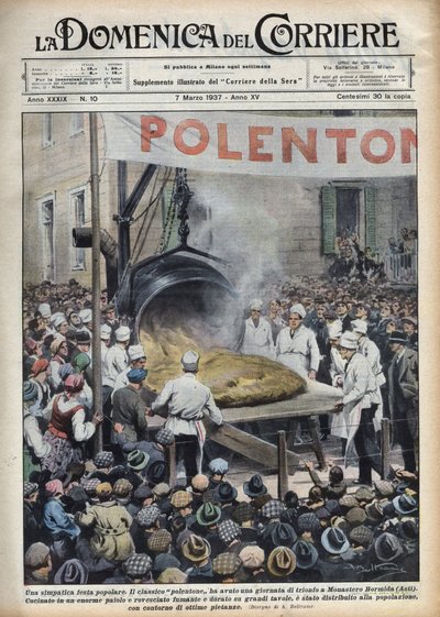 Italian Popular Festival: Giant Polenta Organized in a Town Near Asti in Veneto. Illustration by Achille Beltrame in 