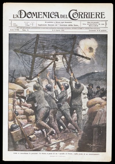 Italian soldiers putting Frisian horse on trench, plate by Achille Beltrame for Domenica del Corriere, 2-9 April 1916, First World War, Italy, 20th century by Achille Beltrame