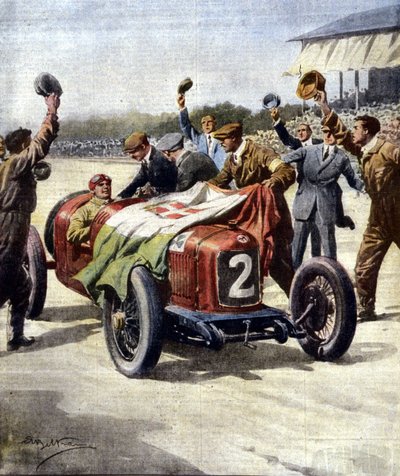 Italian victory at the 3rd European Motor Grand Prix: the mechanics from Ascari display the tricolour flag on the car. Illustration by Beltrame. La Domenica del Corriere. 07/1925 by Achille Beltrame