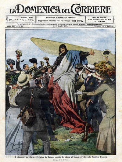 Jacques de Lesseps (1883-1927) upon his arrival in Canada in 1910. Illustration by Achille Beltrame for the Domenica del Corriere of July 24 by Achille Beltrame