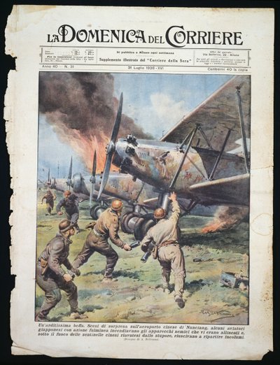 Japanese commando attack on Chinese airport of Nanchang, plate by Achille Beltrame from La Domenica del Corriere newspaper, July 31 by Achille Beltrame