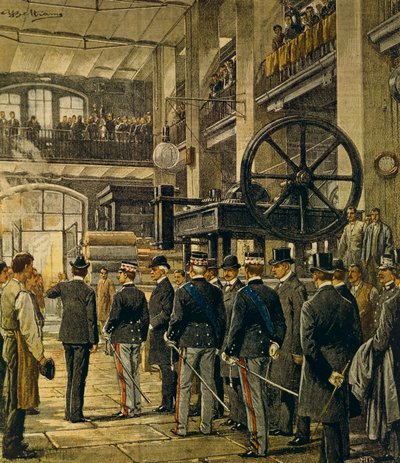King Vittorio Emanuele III visiting factories in Milan, by Achille Beltrame, from La Domenica del Corriere, 8th October 1905 by Achille Beltrame