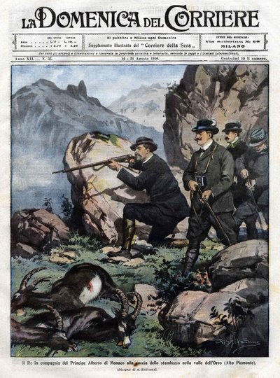 King of Italy Victor Emmanuel III with Prince Albert I of Monaco hunt the ibex. Cover of the Domenica del Corriere of 14 August 1910 by Achille Beltrame