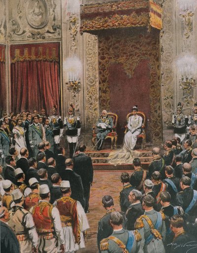 King of Italy, Vittorio Emanuele III of Savoy, being crowned King of Albanians, by Achille Beltrame by Achille Beltrame