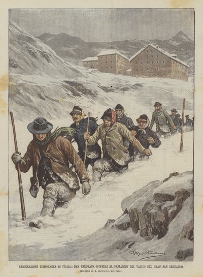 Temporary Emigration in Italy, A Caravan of Workers Crossing the Gran San Bernardo Pass by Achille Beltrame