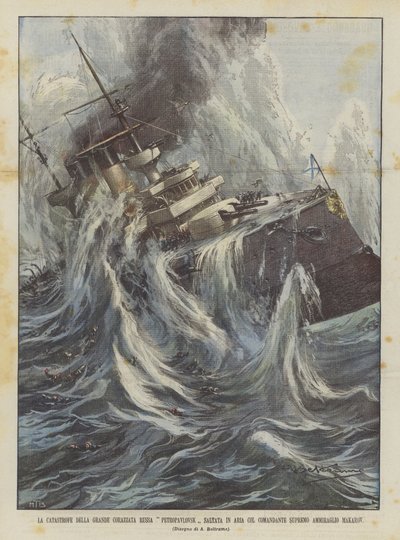 The Catastrophe of the Great Russian Battleship Petropavlovsk Blown Up with Supreme Commander Admiral Makarov by Achille Beltrame