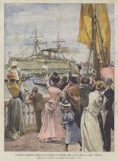 The Cheering Crowd Watches the Departure from Venice to China of the Ship Vesuvio by Achille Beltrame