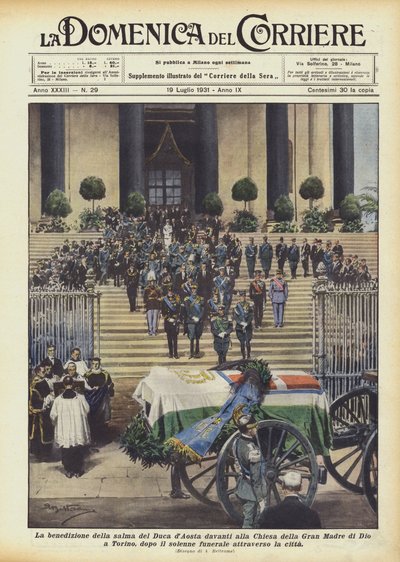 The blessing of the body of the Duke of Aosta in front of the Church of the Great Mother of God in Turin by Achille Beltrame