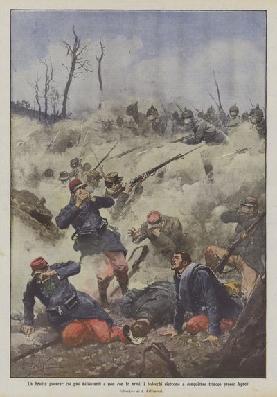 The ugly war, with asphyxiating gases and not with weapons, the Germans manage to conquer trenches near Ypres by Achille Beltrame