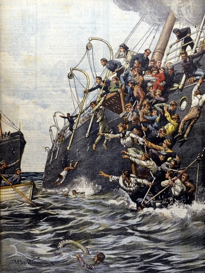 The catastrophe of the Liban: passengers jump into the sea after the collision with another ship off Marseille. Illustration by Beltrame. La Domenica del corriere. 1903 by Achille Beltrame