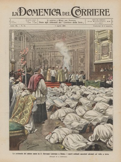 The Holy Saturday Ceremony in St. John Lateran in Rome, the Newly Ordained Priests Lying Face Down by Achille Beltrame