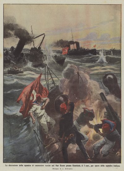 The Destruction of the Turkish Gunboat Squadron in the Red Sea Near Kunfidah on the 7th by Achille Beltrame