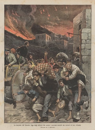 The Eruption of Vesuvius, Inhabitants Fleeing from the Vesuvian Towns Engulfed by Torrents of Lava by Achille Beltrame