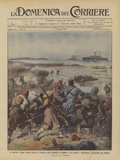 The war, Turkish troops sent as reinforcements to the Gallipoli peninsula, their landing by Achille Beltrame