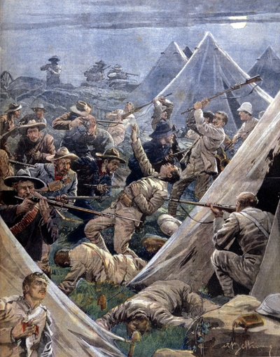 The Boer War or Transvaal War in South Africa opposing the English to the Boers: the latter attacked an English camp at Tweenfontein. Illustration by Beltrame. La Domenica del Corriere. 1902. by Achille Beltrame