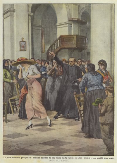 The Persecuted Female Fashion, Girl Rejected by a Church for Wearing Low-Cut Clothes by Achille Beltrame