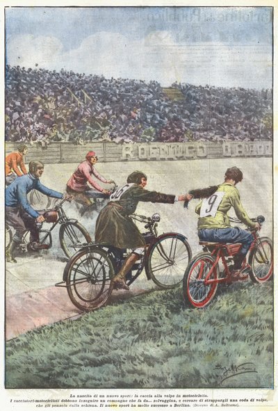 The Birth of a New Sport, Fox Hunting on a Motorcycle by Achille Beltrame